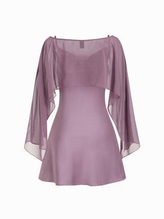 Sheer Boat Neck Cape Top & Satin High Rise Mini Dress Set