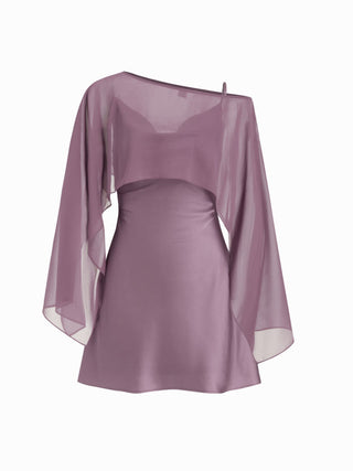 Sheer Boat Neck Cape Top & Satin High Rise Mini Dress Set
