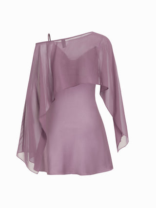 Sheer Boat Neck Cape Top & Satin High Rise Mini Dress Set