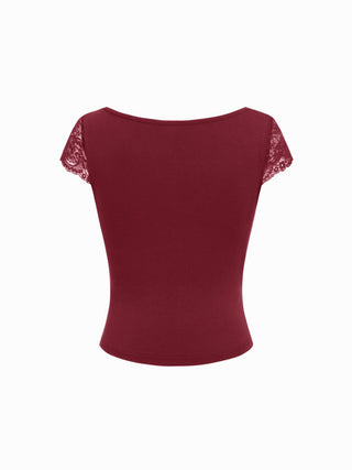 Lace Trim Sweetheart Neck Short Sleeve Tee