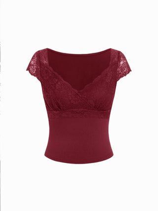 Lace Trim Sweetheart Neck Short Sleeve Tee