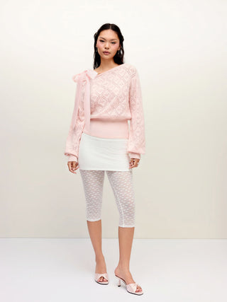 Knit Pointelle Asymmetrical Neck Puff Sleeve Bowknot Top