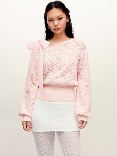 Knit Pointelle Asymmetrical Neck Puff Sleeve Bowknot Top