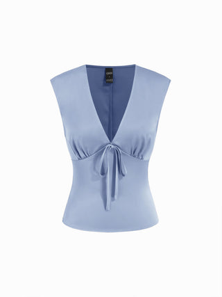 Satin V-Neck Ruched Bowknot Tank Blouse
