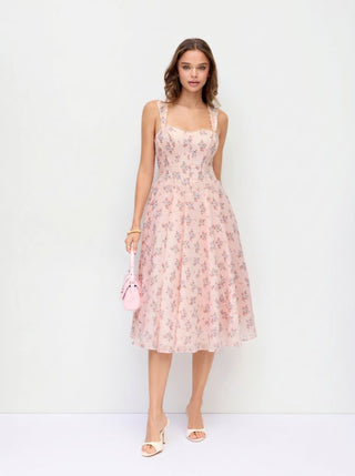 Cotton-blend Floral Square Neck Lace Trim Corset A-line Midi Dress