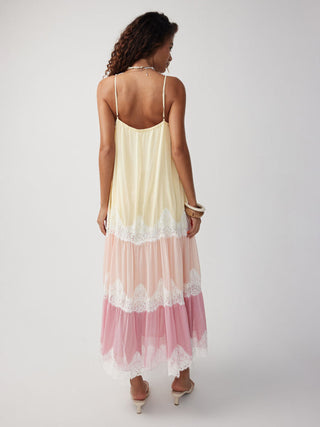 Textured Chiffon Colorblock Square Neck Lace Panel Oversized Flared Maxi Dress