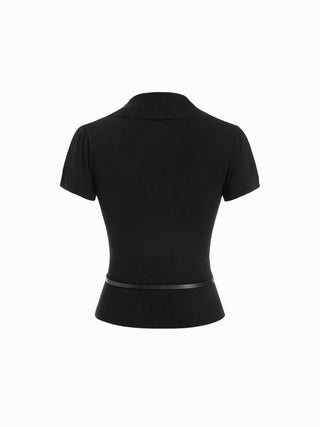 Knit V-neck Wrap Short Sleeve Top With Belt