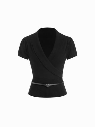 Knit V-neck Wrap Short Sleeve Top With Belt