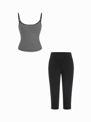 Textured Cotton Stripe Scoop Neck Cami Top & Low Rise Capris Set