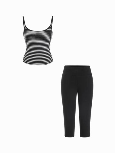 Textured Cotton Stripe Scoop Neck Cami Top & Low Rise Capris Set