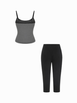 Textured Cotton Stripe Scoop Neck Cami Top & Low Rise Capris Set