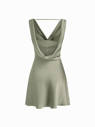 Satin Cowl Neck Backless Metal Detail A-line Mini Dress
