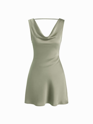 Satin Cowl Neck Backless Metal Detail A-line Mini Dress