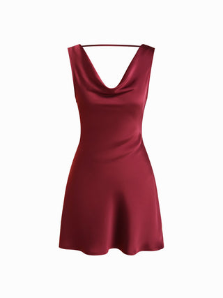 Satin Cowl Neck Backless Metal Detail A-line Mini Dress