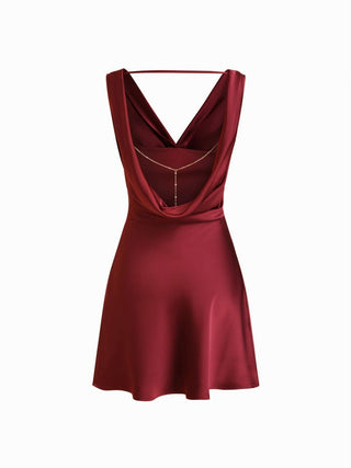Satin Cowl Neck Backless Metal Detail A-line Mini Dress