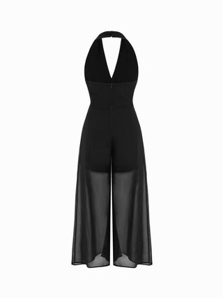 Halter Neckline Polka Dot Ruched Metal Detail Wide Leg Jumpsuit