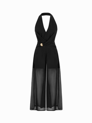 Halter Neckline Polka Dot Ruched Metal Detail Wide Leg Jumpsuit