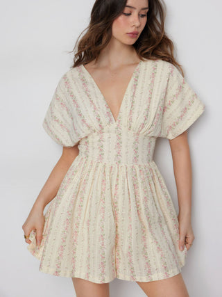 Cotton-Blend Ditsy Floral V-neck Dolman Sleeve Shirred Romper