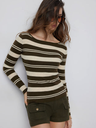 Knit Stripe Boat Neck Knotted Bowknot Long Sleeve Top