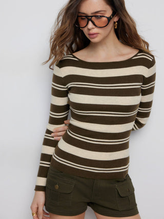 Knit Stripe Boat Neck Knotted Bowknot Long Sleeve Top
