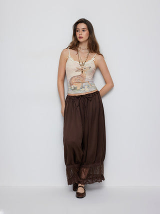 Jacquard Deer Graphic Scoop Neck Lace Trim Bowknot Cami Top