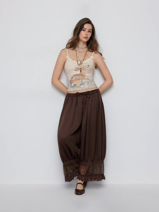 Jacquard Deer Graphic Scoop Neck Lace Trim Bowknot Cami Top
