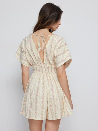 Cotton-Blend Ditsy Floral V-neck Dolman Sleeve Shirred Romper
