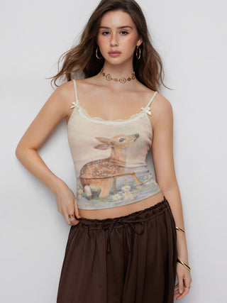 Jacquard Deer Graphic Scoop Neck Lace Trim Bowknot Cami Top