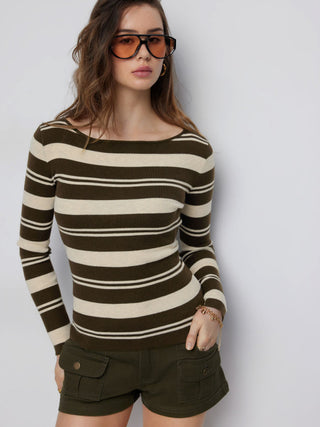 Knit Stripe Boat Neck Knotted Bowknot Long Sleeve Top