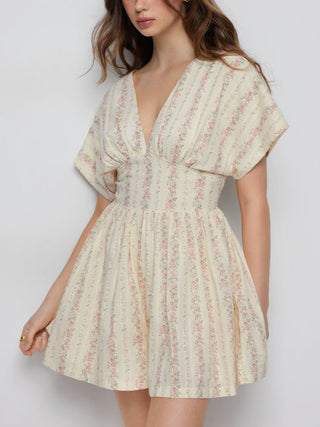 Cotton-Blend Ditsy Floral V-neck Dolman Sleeve Shirred Romper