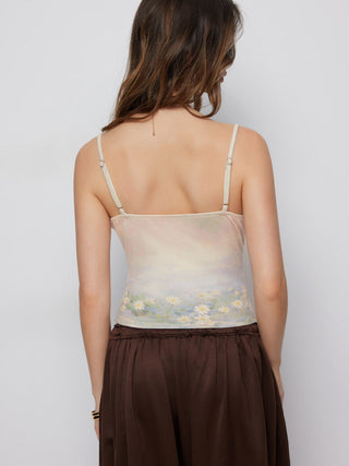Jacquard Deer Graphic Scoop Neck Lace Trim Bowknot Cami Top