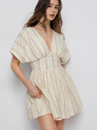 Cotton-Blend Ditsy Floral V-neck Dolman Sleeve Shirred Romper