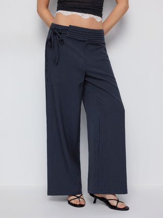 Low Rise Striped Tie Side Ruched Straight Leg Trousers
