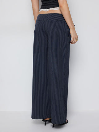 Low Rise Striped Tie Side Ruched Straight Leg Trousers