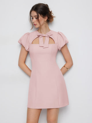 Cut Out Bowknot Puff Sleeve A-line Mini Dress