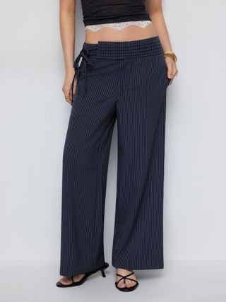 Low Rise Striped Tie Side Ruched Straight Leg Trousers