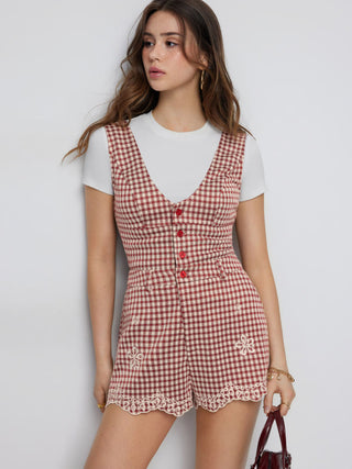 Jacquard Gingham V-neck Floral Embroidery Mid Rise Romper
