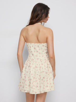 Ditsy Floral Graphic Stand Collar Cut Out Bowknot Flared Mini Dress