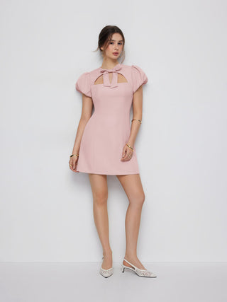 Cut Out Bowknot Puff Sleeve A-line Mini Dress