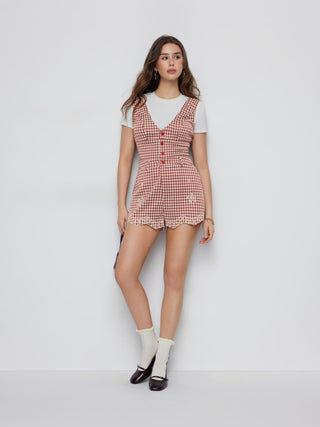 Jacquard Gingham V-neck Floral Embroidery Mid Rise Romper