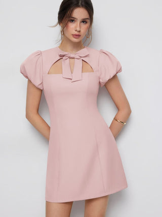 Cut Out Bowknot Puff Sleeve A-line Mini Dress