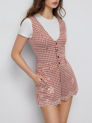 Jacquard Gingham V-neck Floral Embroidery Mid Rise Romper