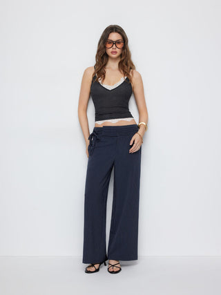 Low Rise Striped Tie Side Ruched Straight Leg Trousers