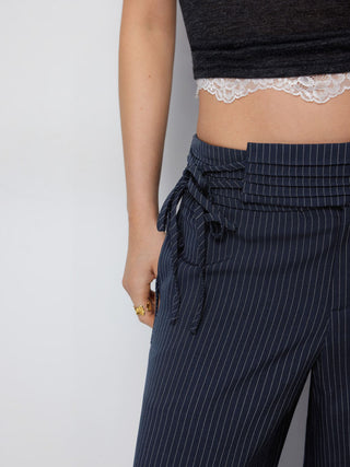 Low Rise Striped Tie Side Ruched Straight Leg Trousers