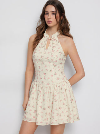 Ditsy Floral Graphic Stand Collar Cut Out Bowknot Flared Mini Dress