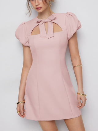 Cut Out Bowknot Puff Sleeve A-line Mini Dress