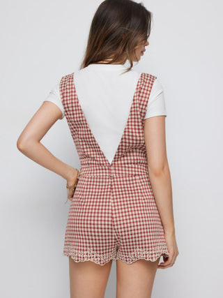 Jacquard Gingham V-neck Floral Embroidery Mid Rise Romper