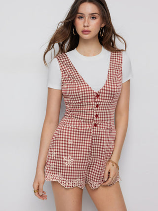 Jacquard Gingham V-neck Floral Embroidery Mid Rise Romper
