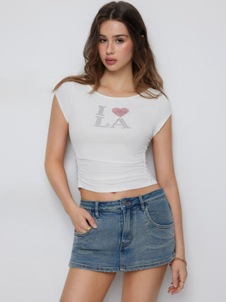 I LOVE LA Graphic Rhinestone Ruched Short Sleeve Top