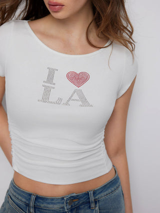 I LOVE LA Graphic Rhinestone Ruched Short Sleeve Top